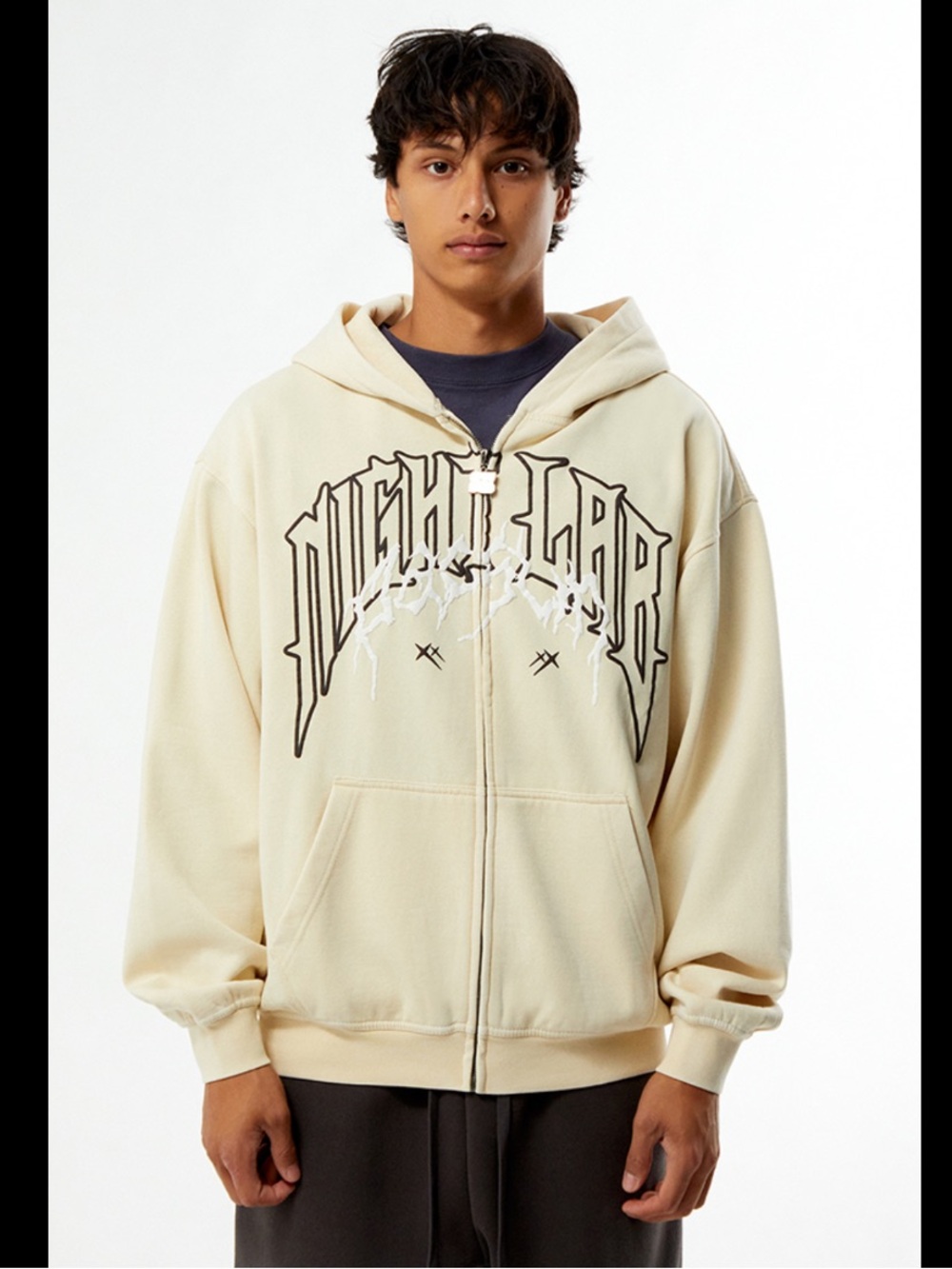 PacSun x Night Lab Cream Full-Zip Hoodie with Graphic Logo